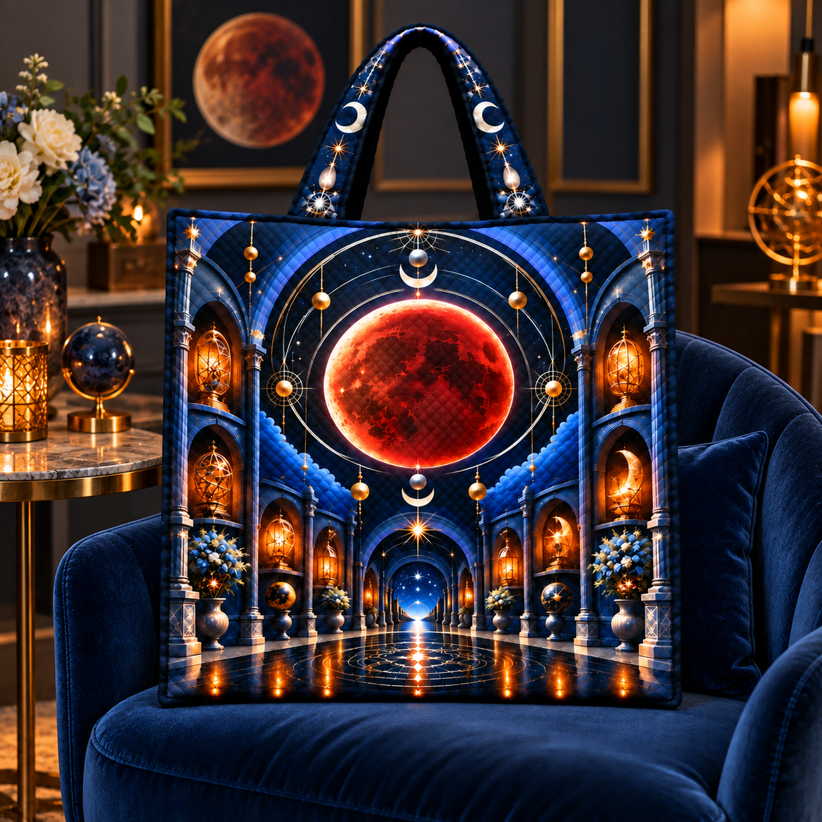 Lunar Eclipse Gracious Host Quilted Cushion Cover with printed optical 3D artwork in its use setting