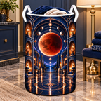 Lunar Eclipse Gracious Host Laundry Hamper with printed optical 3D artwork in its use setting