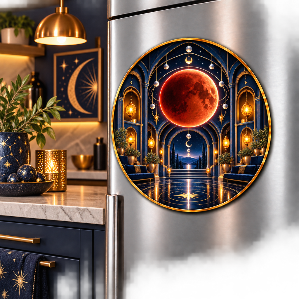 Lunar Eclipse Gracious Host Acrylic Refrigerator Magnet with printed optical 3D artwork in its use setting
