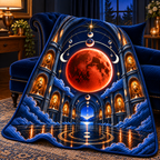 Lunar Eclipse Gracious Host Quilt Blanket with printed optical 3D artwork in its use setting