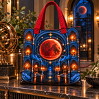 Lunar Eclipse Gracious Host Quilted Tote Bag with printed optical 3D artwork in its use setting
