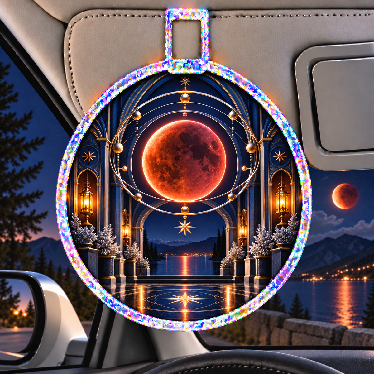 Lunar Eclipse Gracious Host Holographic Car Visor Clip with printed optical 3D artwork in its use setting