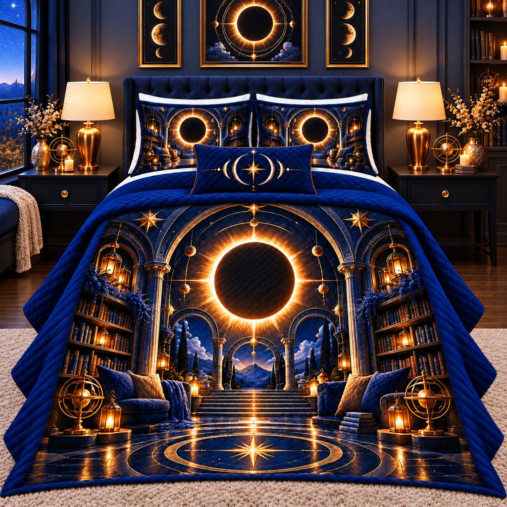 Solar Eclipse Reading Nook Quilted Bedding Set with printed optical 3D artwork in its use setting