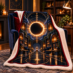 Solar Eclipse Reading Nook Sherpa & Fleece Blanket with printed optical 3D artwork in its use setting