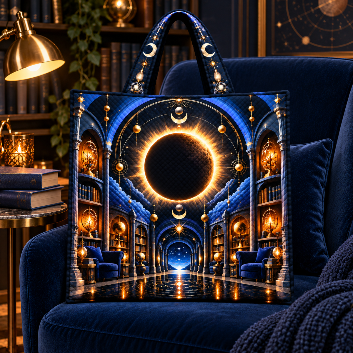 Solar Eclipse Reading Nook Quilted Cushion Cover with printed optical 3D artwork in its use setting