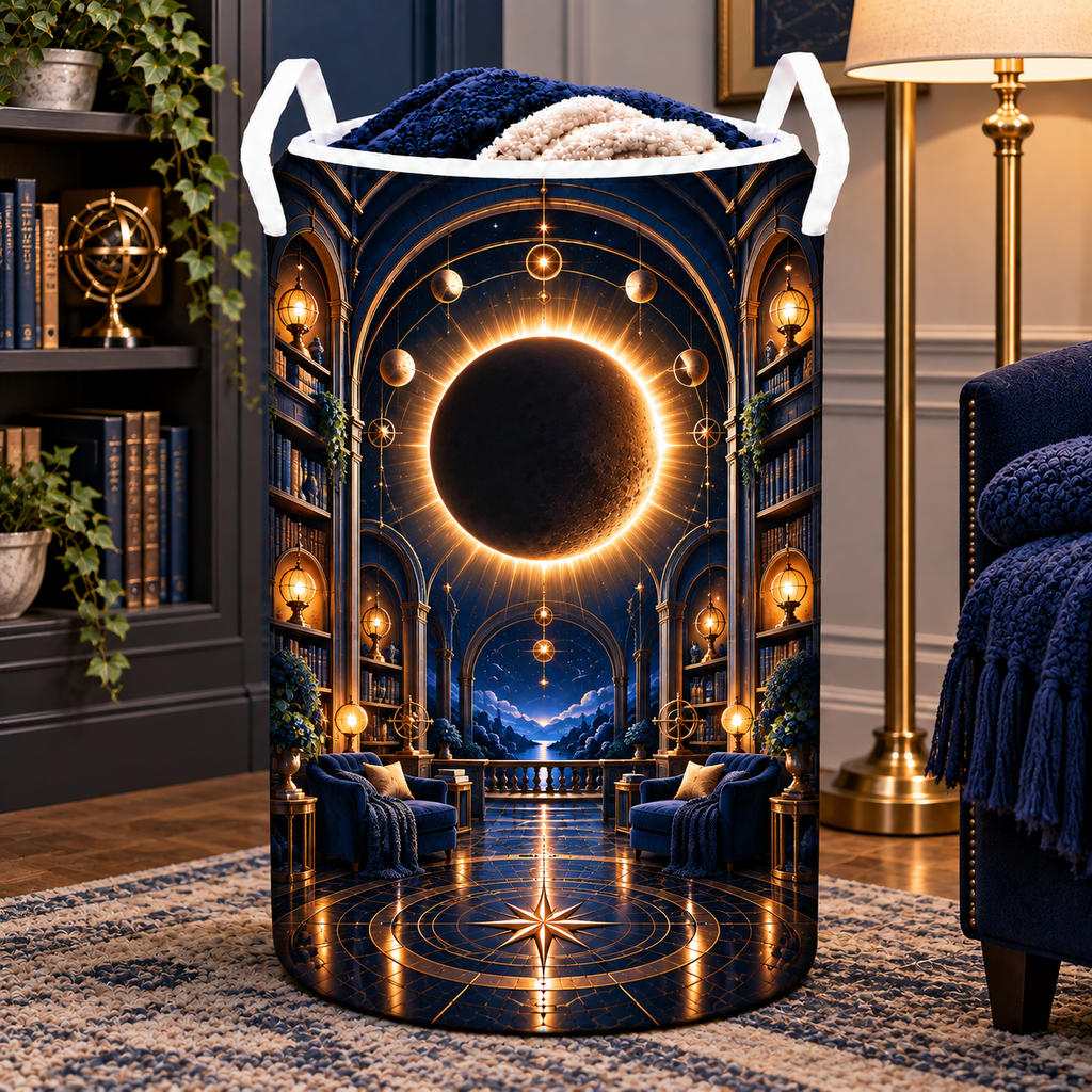 Solar Eclipse Reading Nook Laundry Hamper with printed optical 3D artwork in its use setting