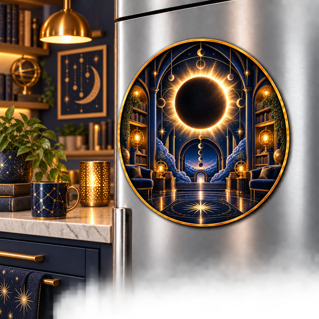 Solar Eclipse Reading Nook Acrylic Refrigerator Magnet with printed optical 3D artwork in its use setting