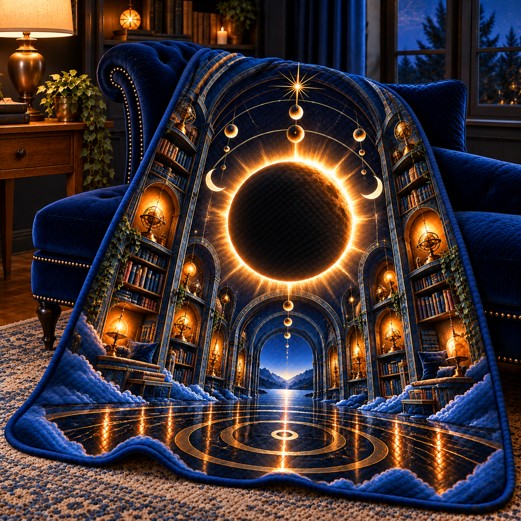 Solar Eclipse Reading Nook Quilt Blanket with printed optical 3D artwork in its use setting