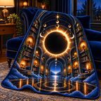 Solar Eclipse Reading Nook Quilt Blanket with printed optical 3D artwork in its use setting
