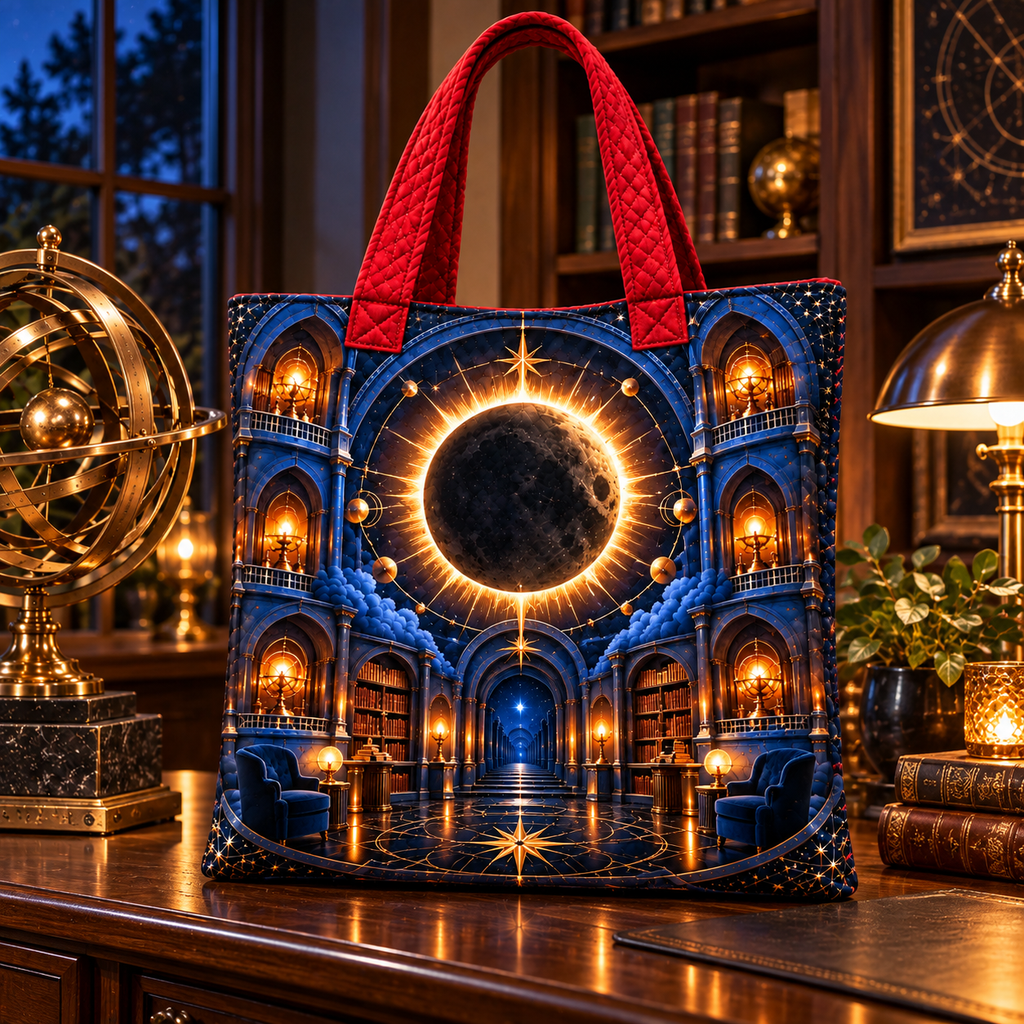 Solar Eclipse Reading Nook Quilted Tote Bag with printed optical 3D artwork in its use setting
