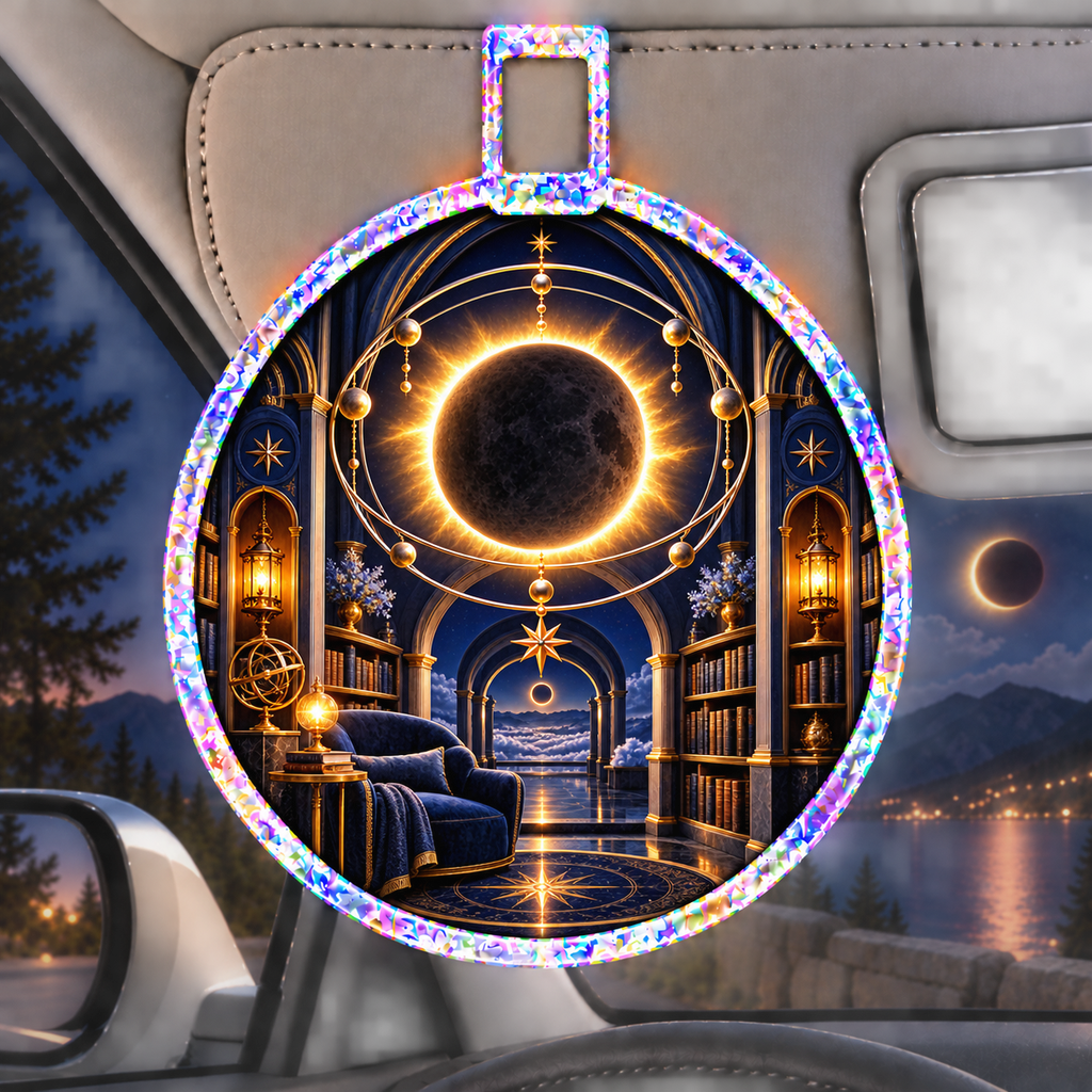 Solar Eclipse Reading Nook Holographic Car Visor Clip with printed optical 3D artwork in its use setting