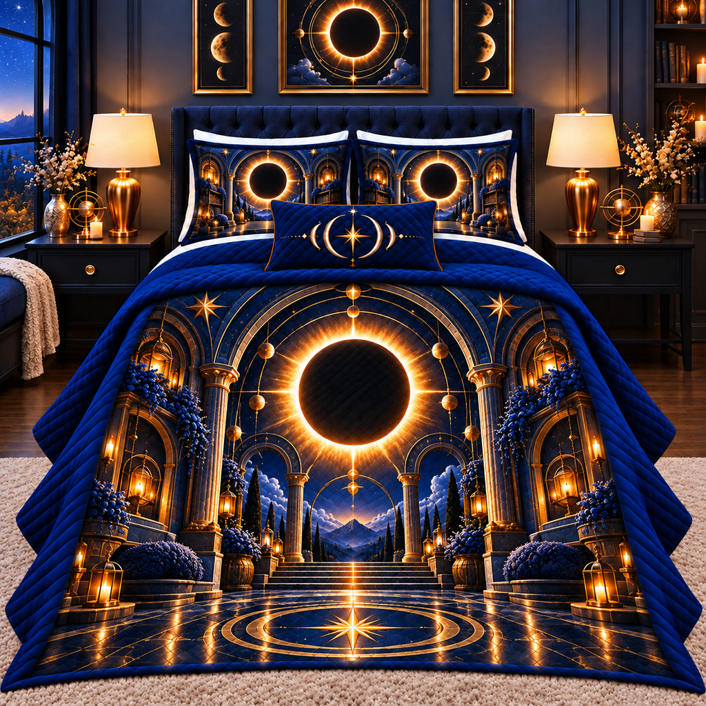 Solar Eclipse Grand Bedroom Quilted Bedding Set with printed optical 3D artwork in its use setting