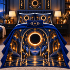 Solar Eclipse Grand Bedroom Quilted Bedding Set with printed optical 3D artwork in its use setting