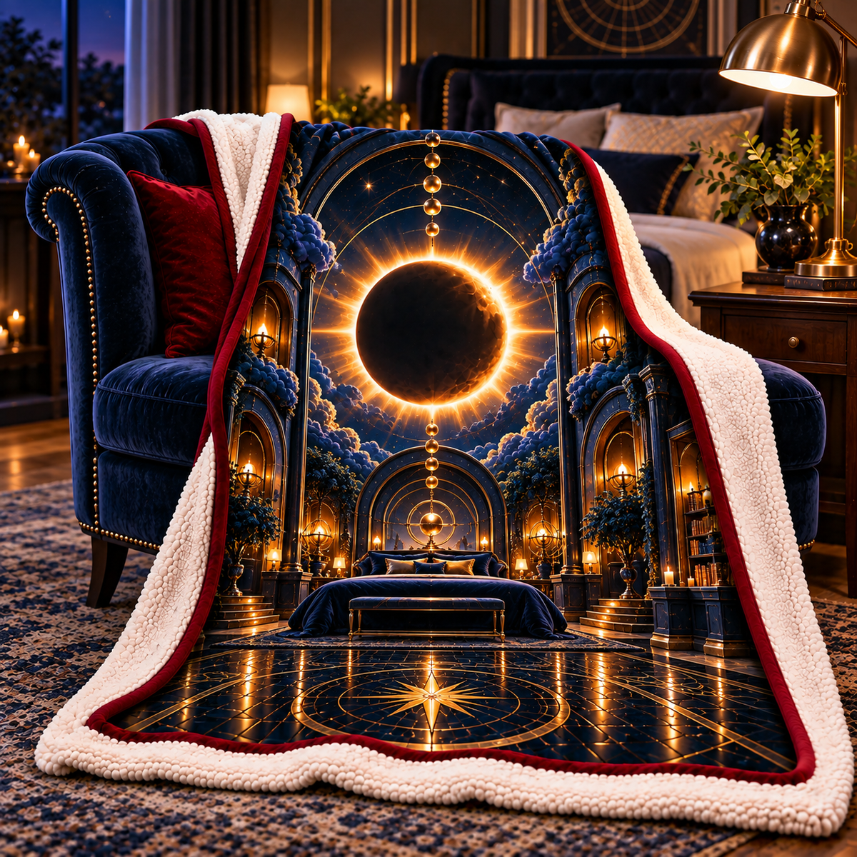 Solar Eclipse Grand Bedroom Sherpa & Fleece Blanket with printed optical 3D artwork in its use setting