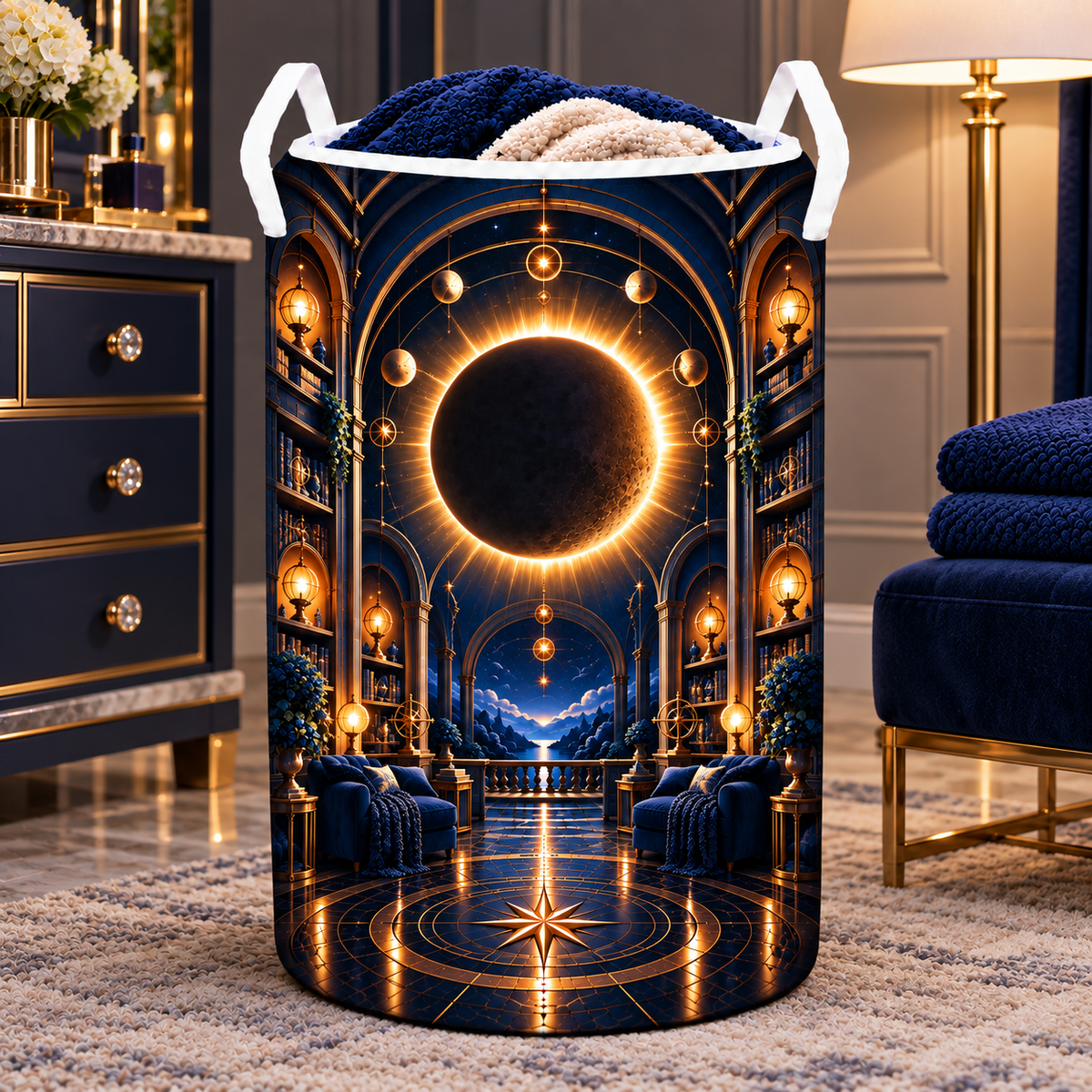 Solar Eclipse Grand Bedroom Laundry Hamper with printed optical 3D artwork in its use setting