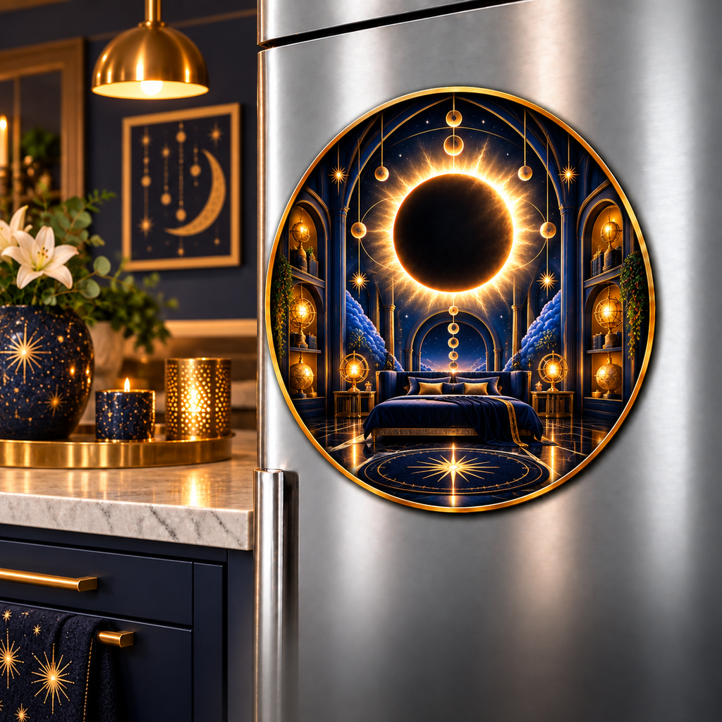 Solar Eclipse Grand Bedroom Acrylic Refrigerator Magnet with printed optical 3D artwork in its use setting