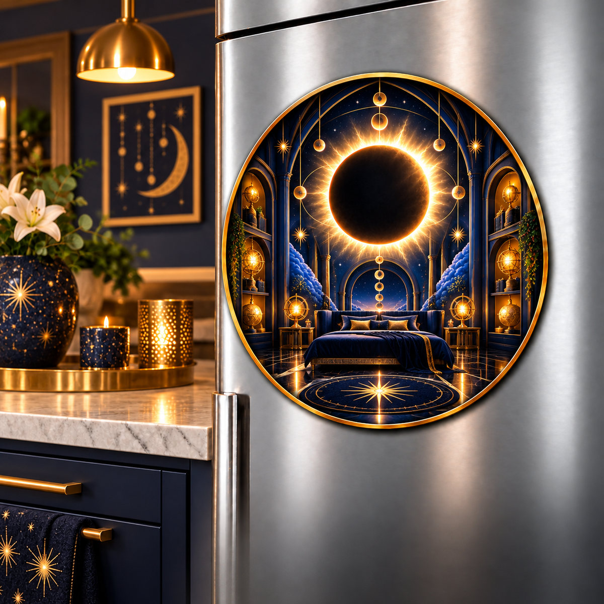 Solar Eclipse Grand Bedroom Acrylic Refrigerator Magnet with printed optical 3D artwork in its use setting