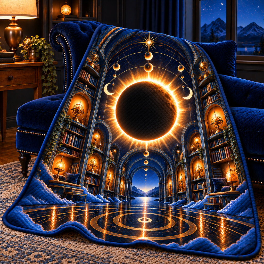 Solar Eclipse Grand Bedroom Quilt Blanket with printed optical 3D artwork in its use setting