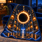 Solar Eclipse Grand Bedroom Quilt Blanket with printed optical 3D artwork in its use setting