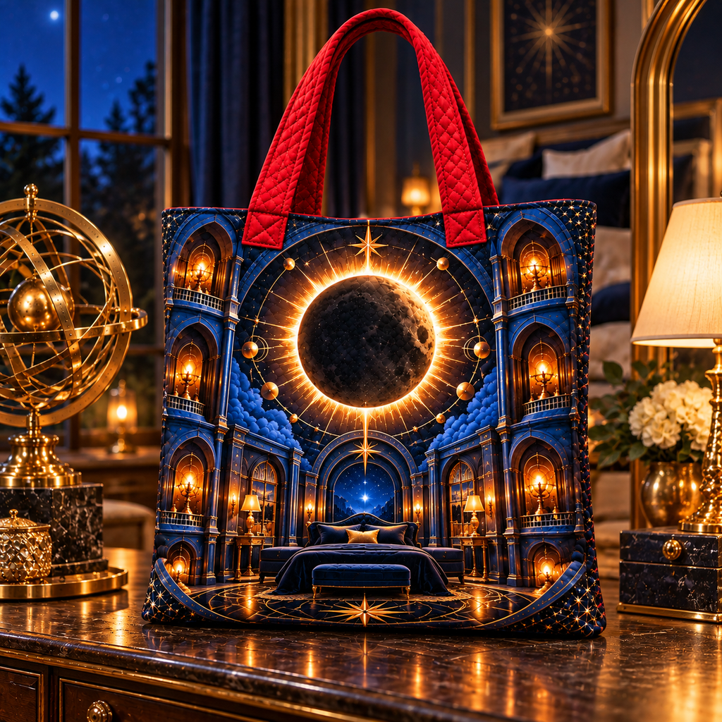 Solar Eclipse Grand Bedroom Quilted Tote Bag with printed optical 3D artwork in its use setting