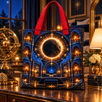 Solar Eclipse Grand Bedroom Quilted Tote Bag with printed optical 3D artwork in its use setting
