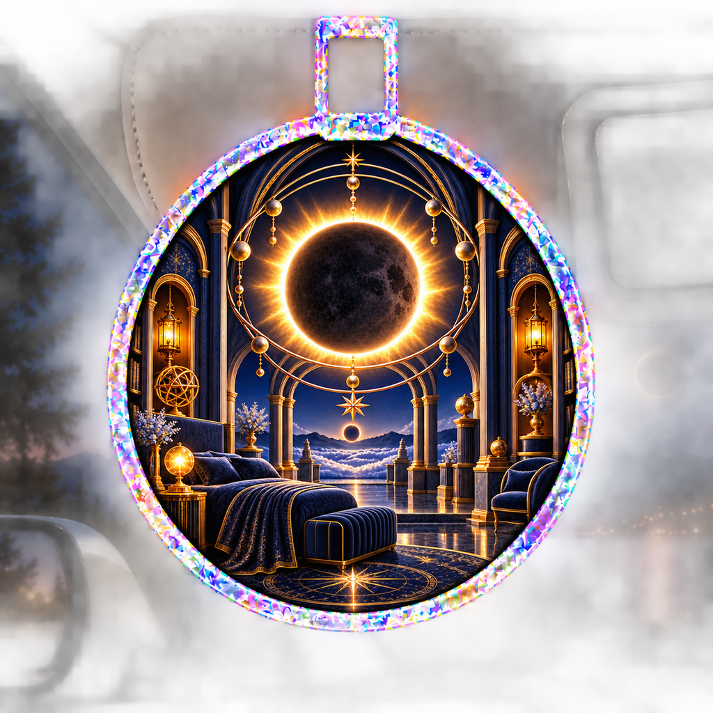 Solar Eclipse Grand Bedroom Holographic Car Visor Clip with printed optical 3D artwork in its use setting