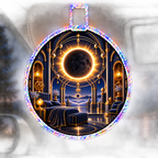 Solar Eclipse Grand Bedroom Holographic Car Visor Clip with printed optical 3D artwork in its use setting