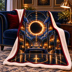 Solar Eclipse Grand Salon Sherpa & Fleece Blanket with printed optical 3D artwork in its use setting