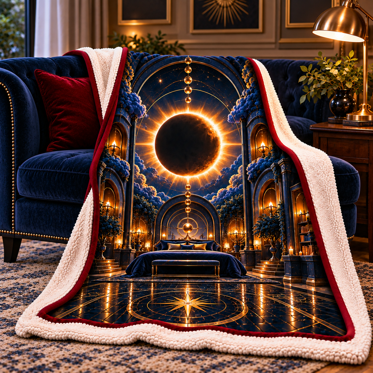 Solar Eclipse Grand Salon Sherpa & Fleece Blanket with printed optical 3D artwork in its use setting