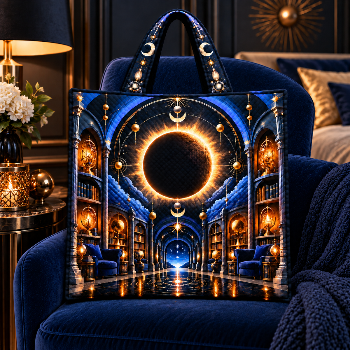 Solar Eclipse Grand Salon Quilted Cushion Cover with printed optical 3D artwork in its use setting