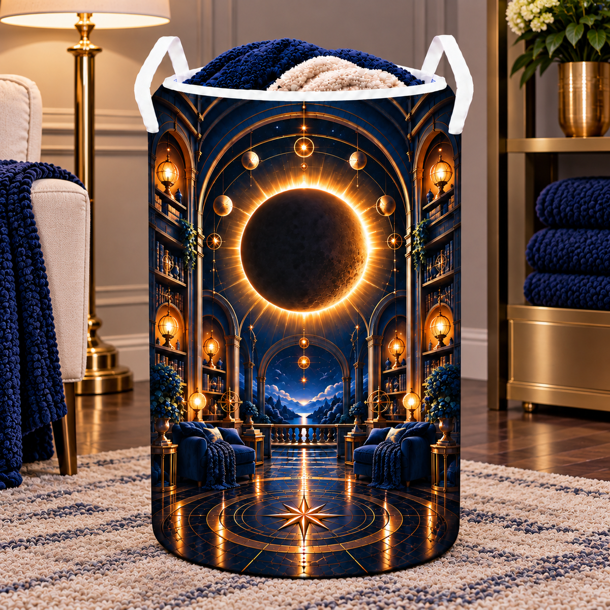 Solar Eclipse Grand Salon Laundry Hamper with printed optical 3D artwork in its use setting