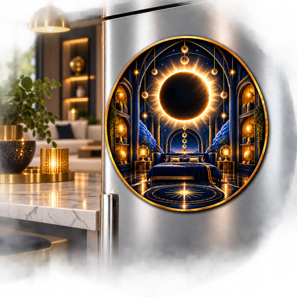 Solar Eclipse Grand Salon Acrylic Refrigerator Magnet with printed optical 3D artwork in its use setting