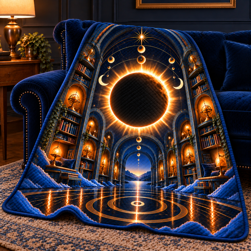 Solar Eclipse Grand Salon Quilt Blanket with printed optical 3D artwork in its use setting