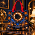 Solar Eclipse Grand Salon Quilted Tote Bag with printed optical 3D artwork in its use setting