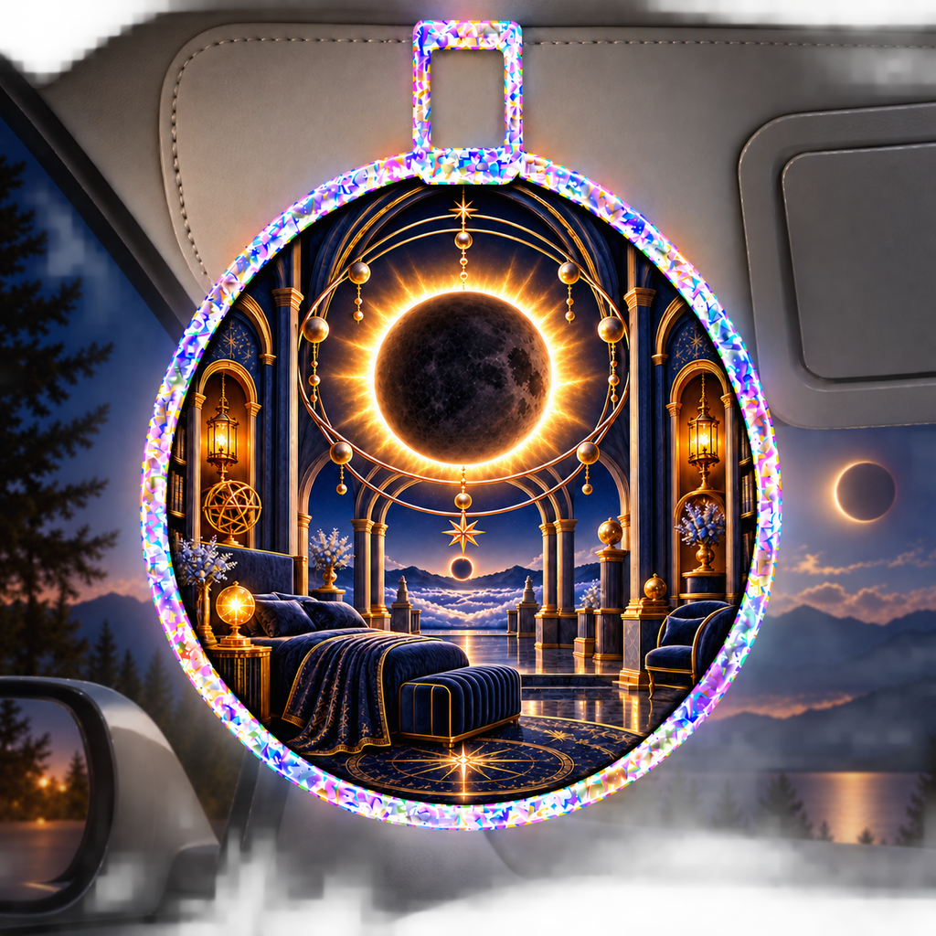 Solar Eclipse Grand Salon Holographic Car Visor Clip with printed optical 3D artwork in its use setting