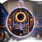 Solar Eclipse Grand Salon Holographic Car Visor Clip with printed optical 3D artwork in its use setting