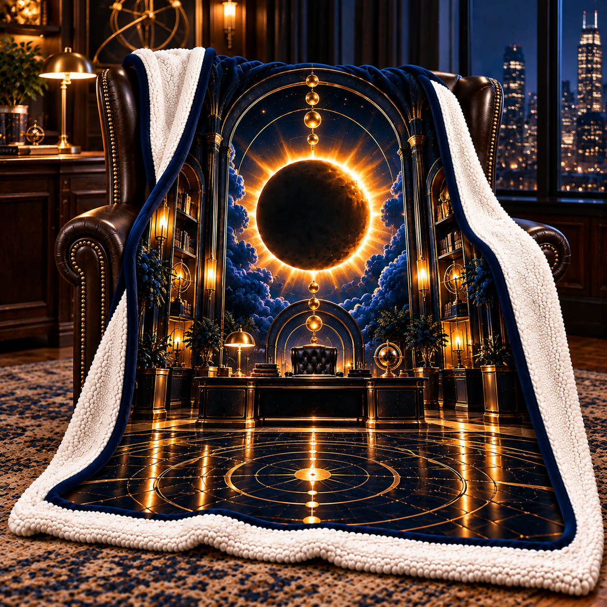 Solar Eclipse Executive Office Sherpa & Fleece Blanket with printed optical 3D artwork in its use setting