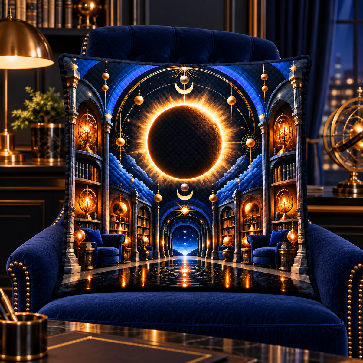 Solar Eclipse Executive Office Quilted Cushion Cover with printed optical 3D artwork in its use setting