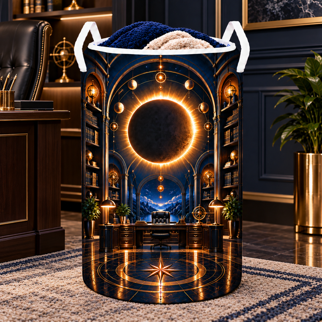 Solar Eclipse Executive Office Laundry Hamper with printed optical 3D artwork in its use setting