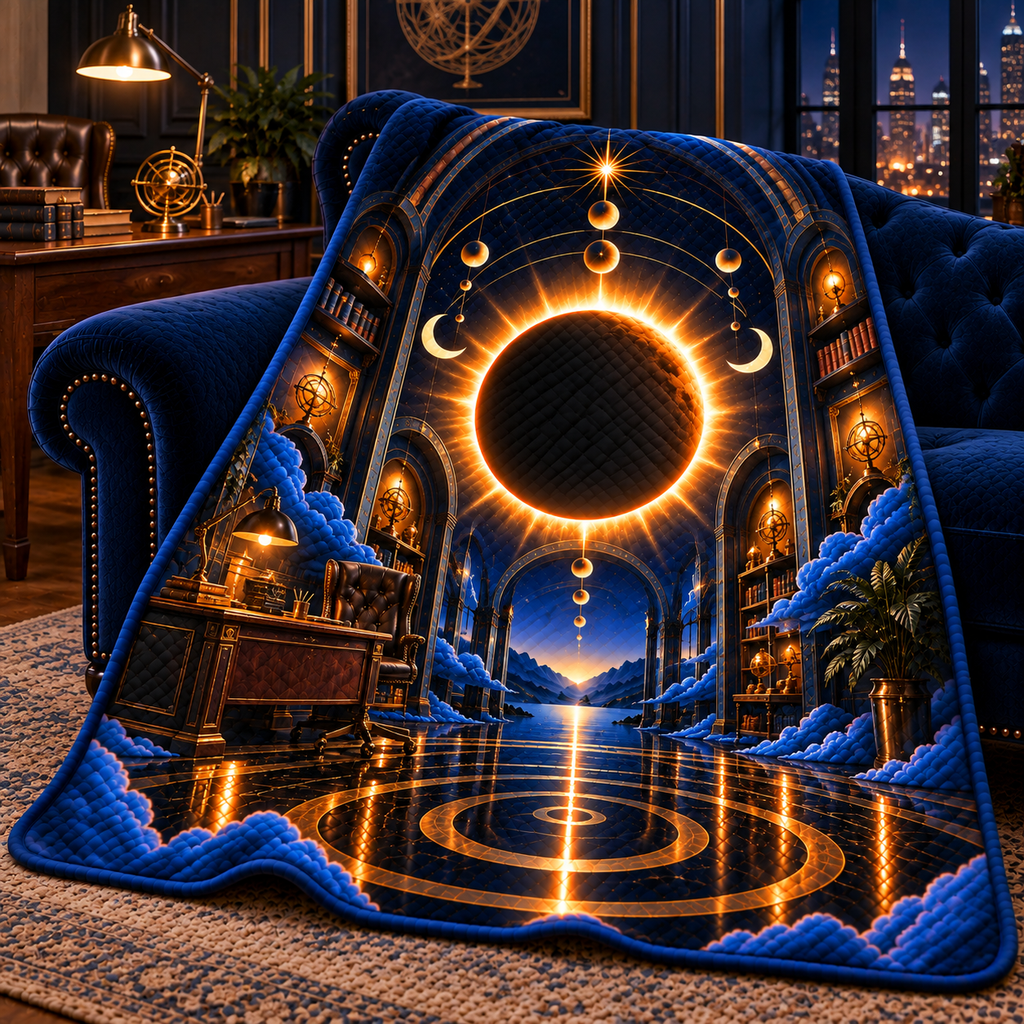 Solar Eclipse Executive Office Quilt Blanket with printed optical 3D artwork in its use setting