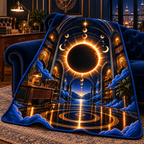 Solar Eclipse Executive Office Quilt Blanket with printed optical 3D artwork in its use setting