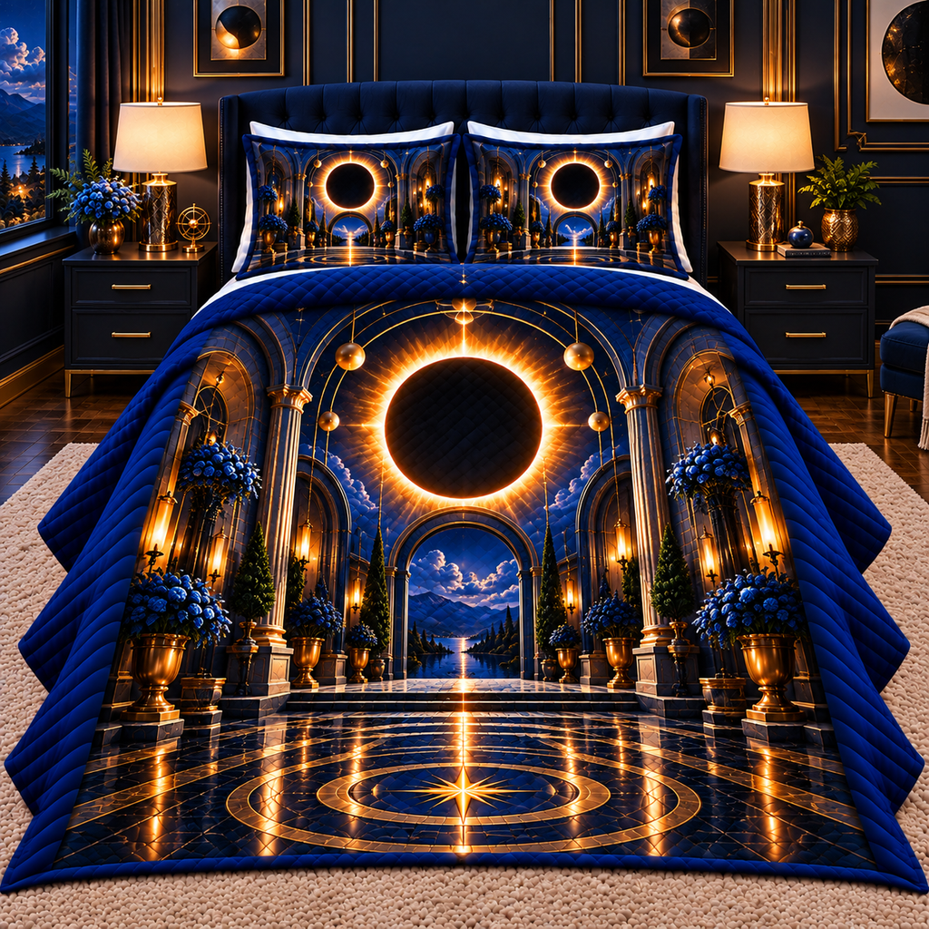 Solar Eclipse New Home Quilted Bedding Set with printed optical 3D artwork in its use setting