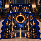 Solar Eclipse New Home Quilted Bedding Set with printed optical 3D artwork in its use setting