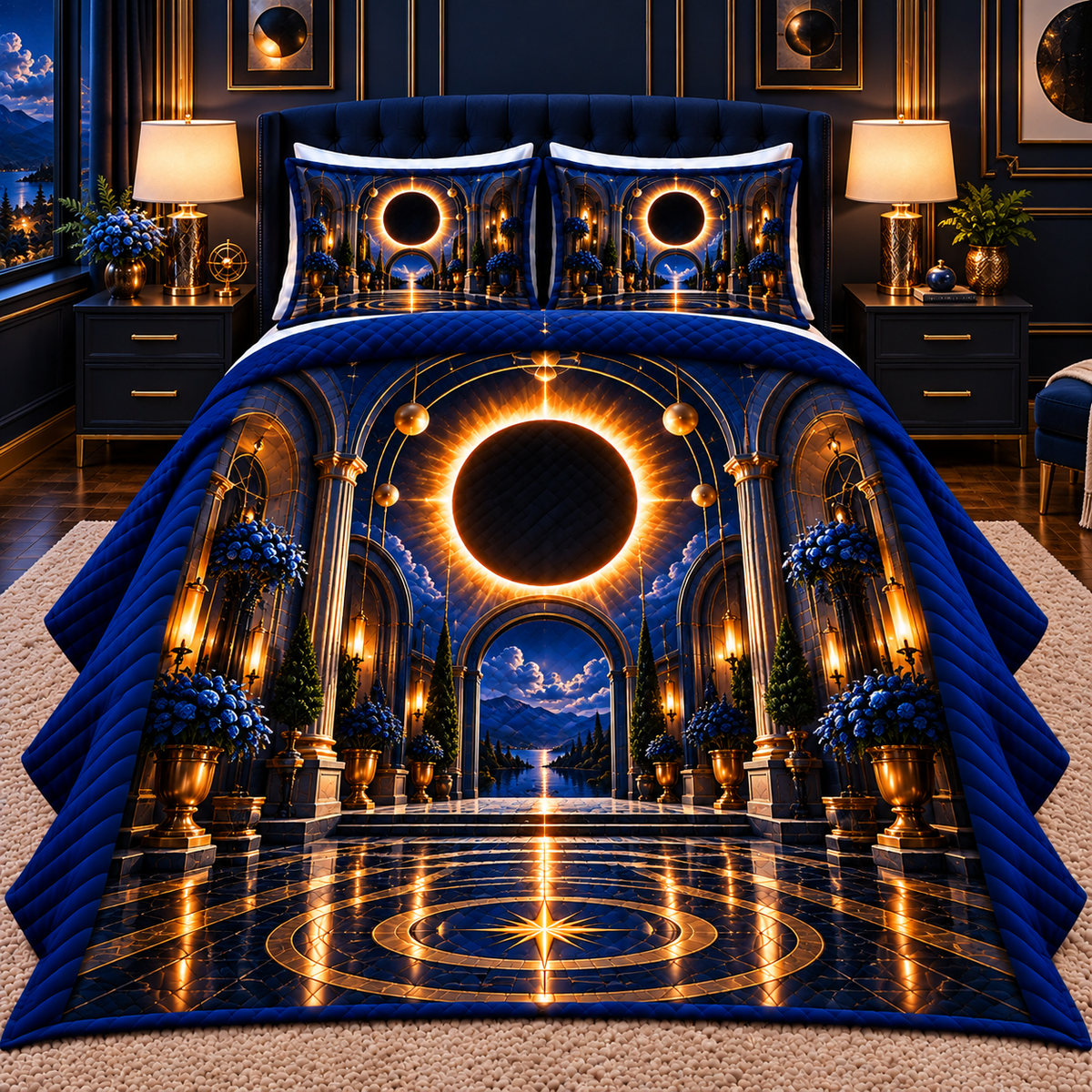 Solar Eclipse New Home Quilted Bedding Set with printed optical 3D artwork in its use setting