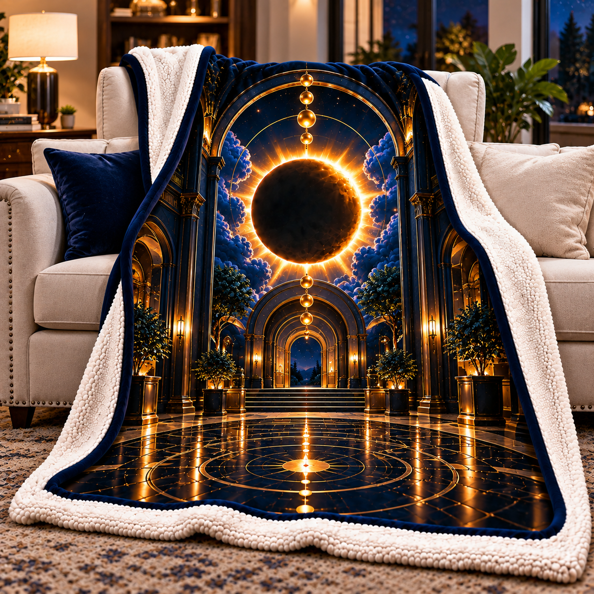 Solar Eclipse New Home Sherpa & Fleece Blanket with printed optical 3D artwork in its use setting