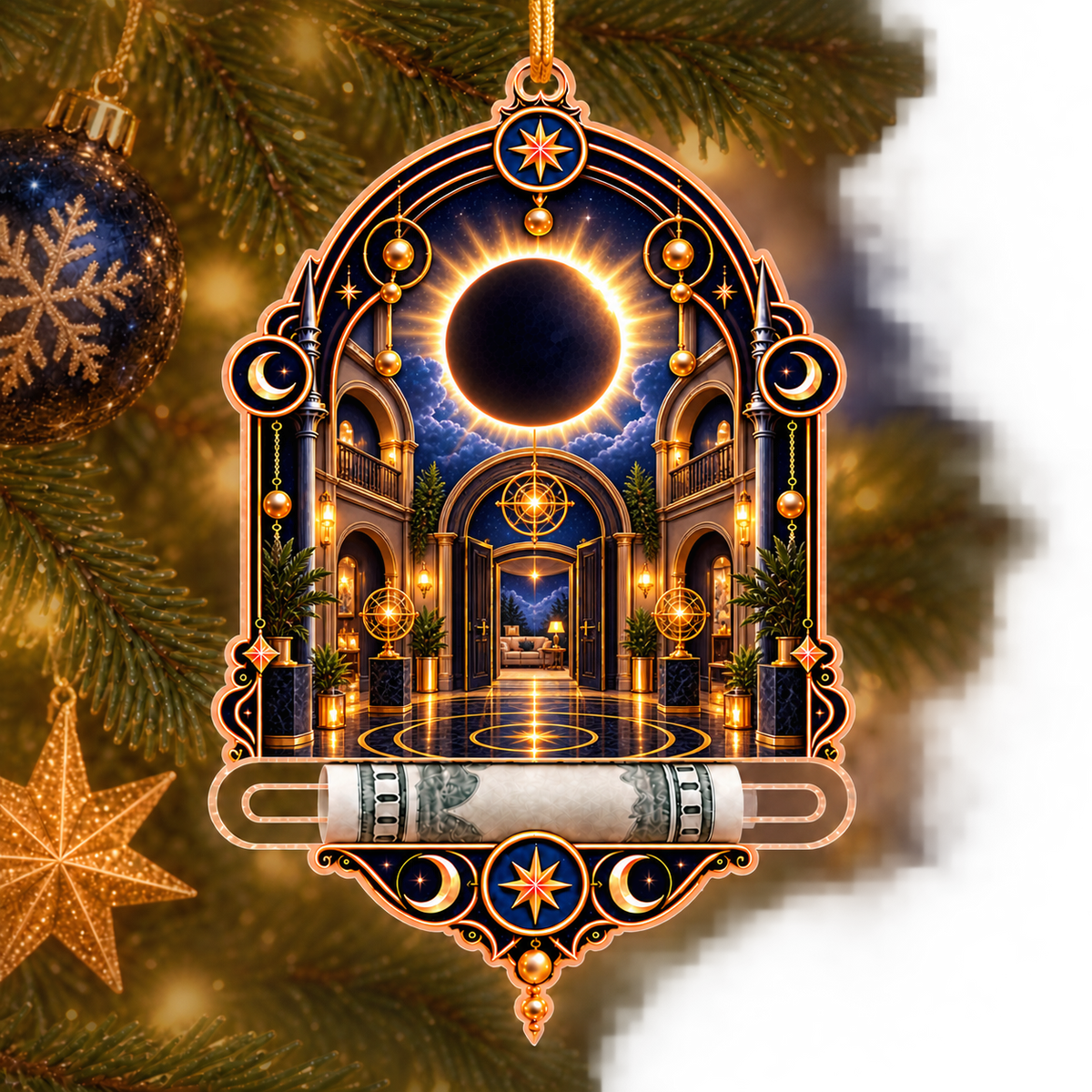 Solar Eclipse New Home Acrylic Cash Holder Ornament with printed optical 3D artwork in its use setting