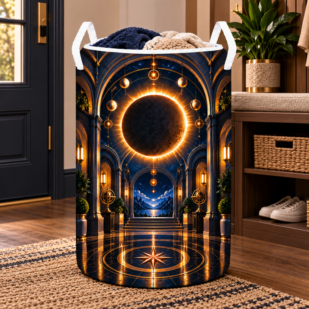 Solar Eclipse New Home Laundry Hamper with printed optical 3D artwork in its use setting