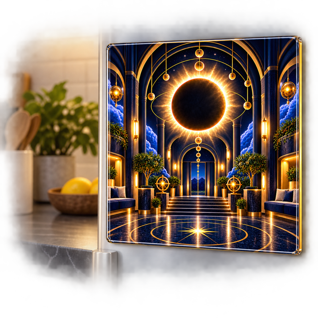Solar Eclipse New Home Acrylic Refrigerator Magnet with printed optical 3D artwork in its use setting