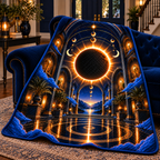 Solar Eclipse New Home Quilt Blanket with printed optical 3D artwork in its use setting