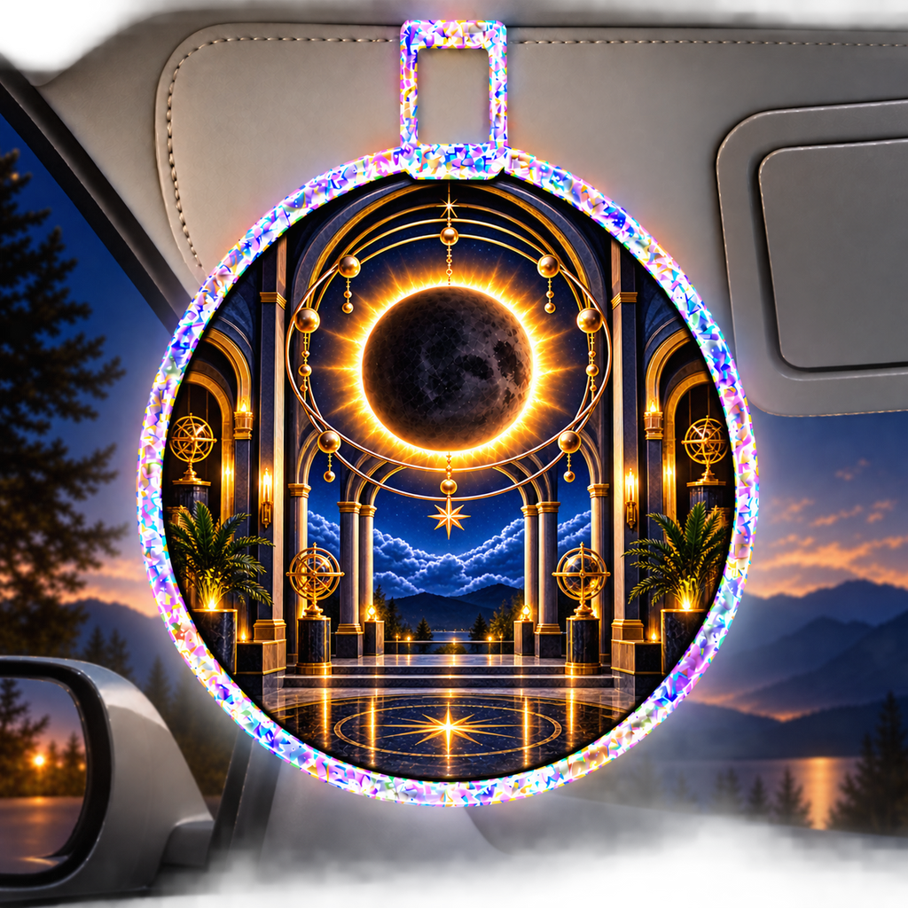 Solar Eclipse New Home Holographic Car Visor Clip with printed optical 3D artwork in its use setting